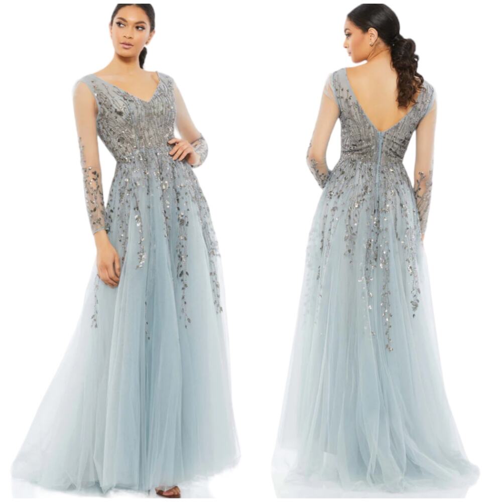 Mac Duggal NWT Embellished V Neck Long Sleeve Gown Beaded Sequin Size 12 Blue